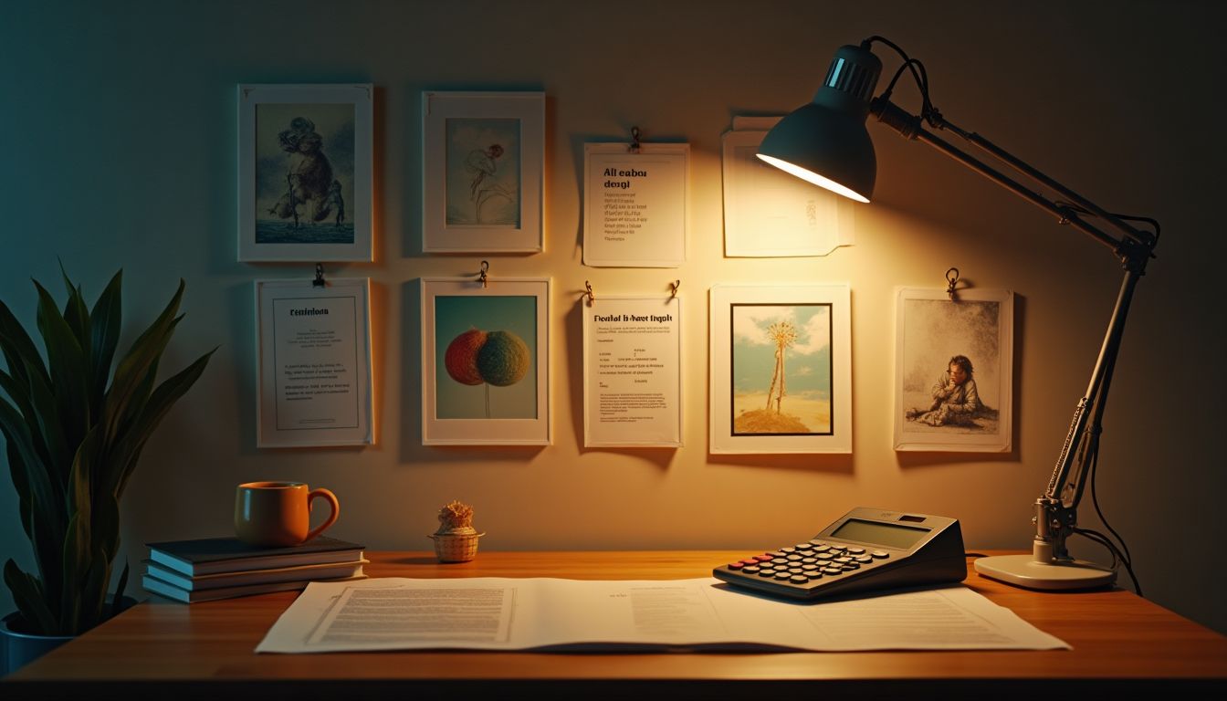 A neat creative studio corner with priced prints on a wall and a calculator on the worktable, warm lamp light — money and making guide