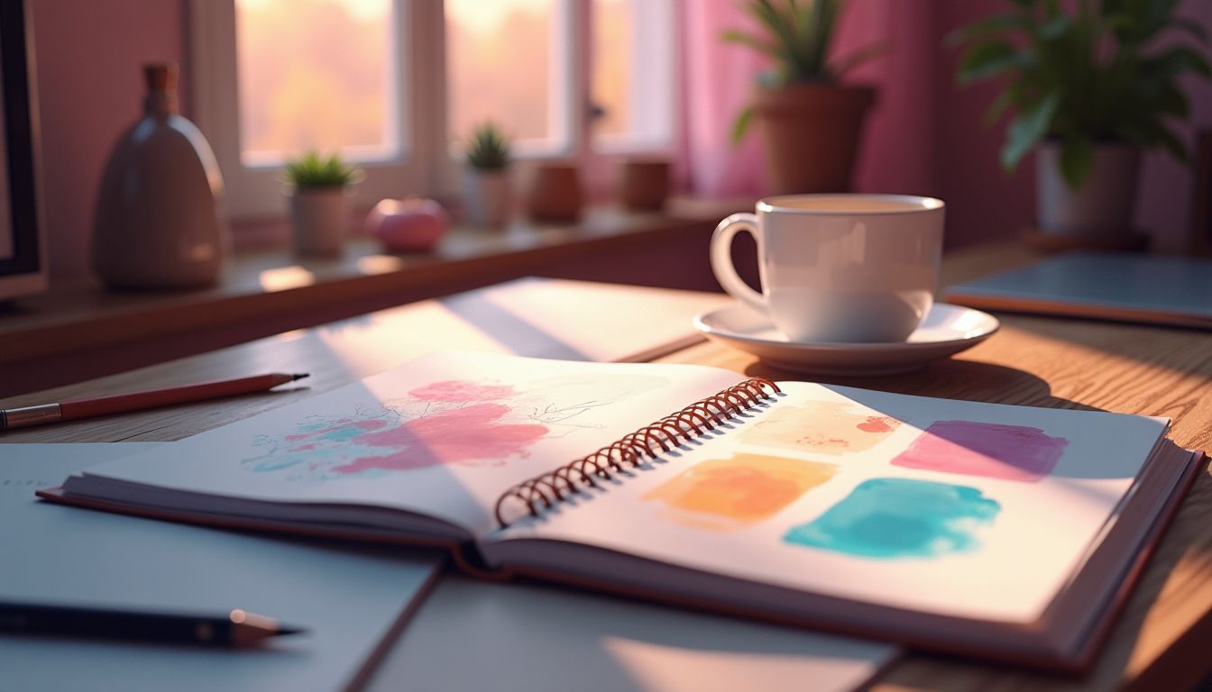 An open sketchbook with warm-up colour studies beside pencils on a studio desk, soft pink morning light — deliberate practice and creative progress guide