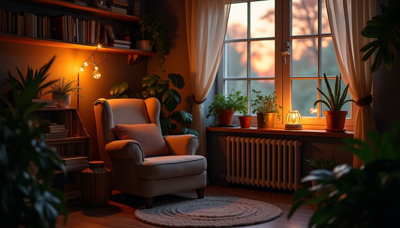 A cosy creative space with plants, reference books and warm fairy lights, a chair by the window at dusk — inspiration, critique and creative community guide